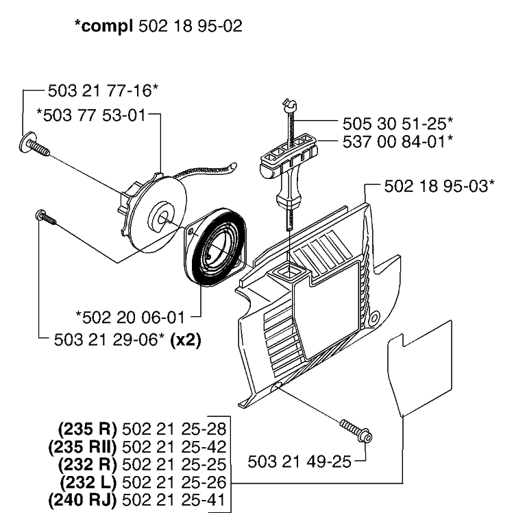 Starter Diagram and Parts List for 232L 2002-09 Husqvarna Brush Cutter