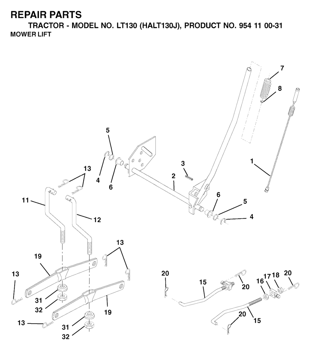Mower Lift / Deck Lift Diagram and Parts List for LT130 (954110031-J)(2003-01) Husqvarna Lawn Tractor