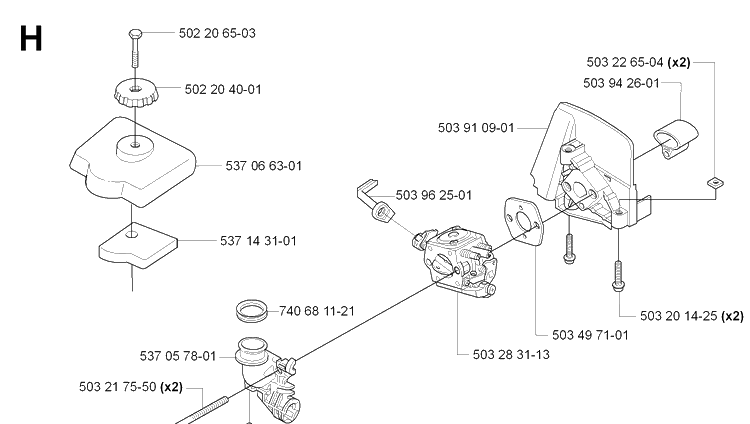 Carburetor And Air Filter Diagram and Parts List for 326HE3 (X-SERIES)(20090900001-Current) Husqvarna Hedge Trimmer