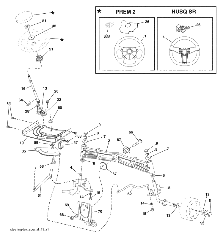 Steering Assembly Diagram and Parts List for 2748GLS (96043006500)(2008-12) Husqvarna Lawn Mower