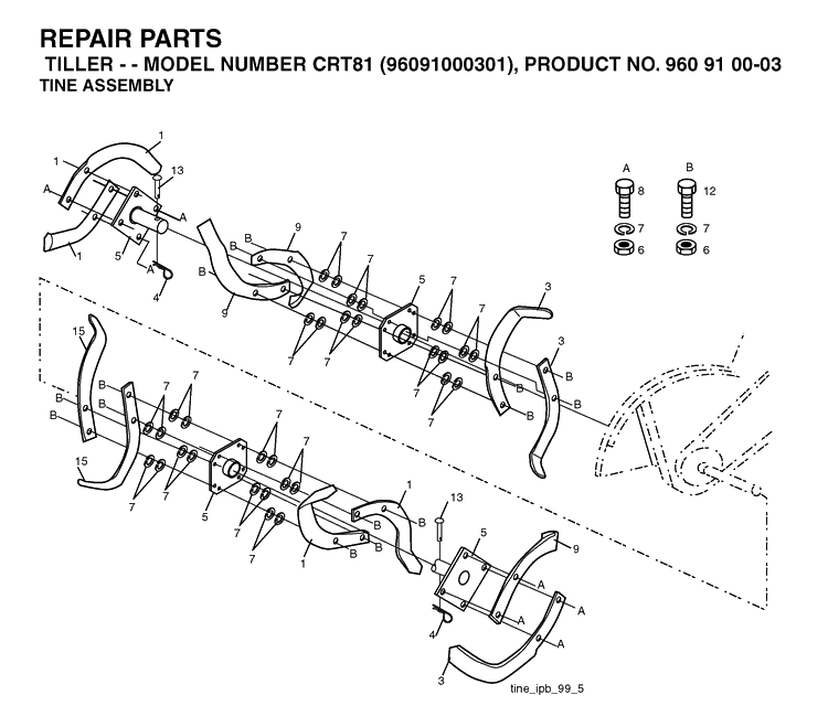 Tine Assembly Diagram and Parts List for CRT81 (96091000301)(2005-10) Husqvarna Cultivator