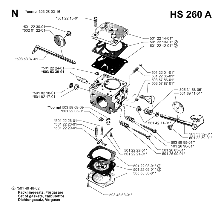 Carburetor Details Diagram and Parts List for 272XP 19994500001-20070100000 Husqvarna Chainsaw