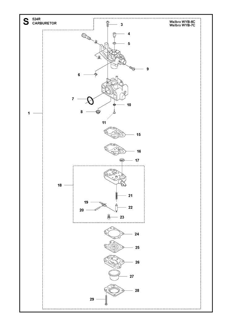 Carburetor Details Diagram and Parts List for 524R 2020-11 Husqvarna Brush Cutter