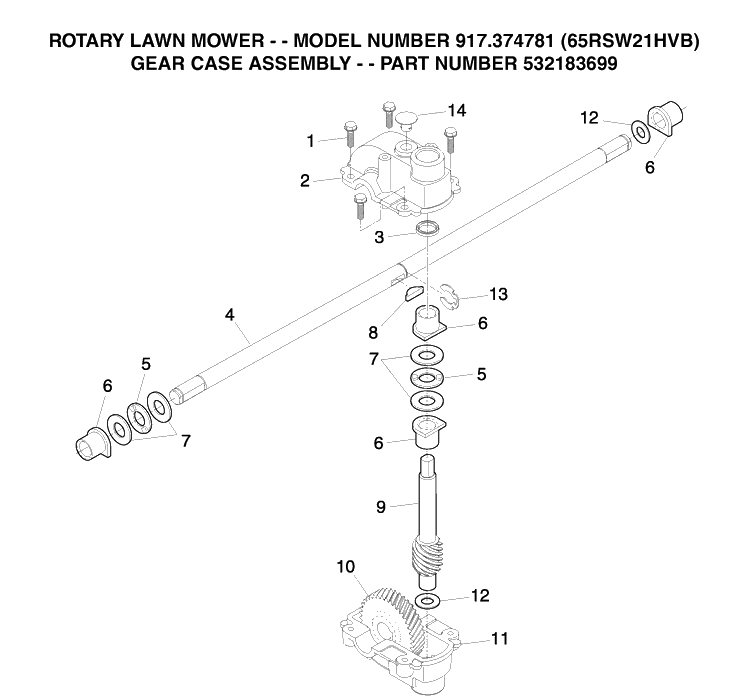 Gear Case Diagram and Parts List for 65RSW21HVA (65 C21HVB)(2003-10) Husqvarna Lawn Mower