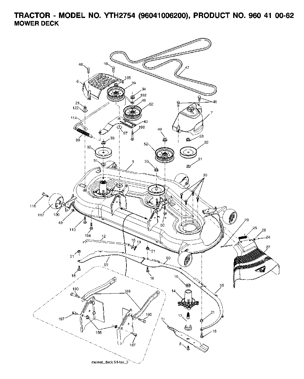 Mower Deck / Cutting Deck Diagram and Parts List for YTH2754TWIN (96041006200, 960410062)(2007-04) Husqvarna Lawn Tractor