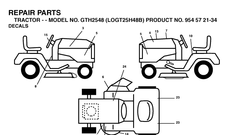 Decals Diagram and Parts List for GTH2548-LOGT25H48B 2003-12 Husqvarna Lawn Tractor