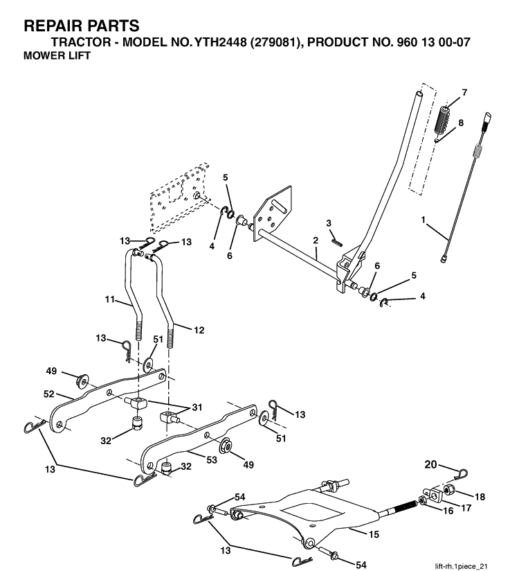 Mower Lift / Deck Lift Diagram and Parts List for YTH2448-279081 2005-08 Husqvarna Lawn Tractor