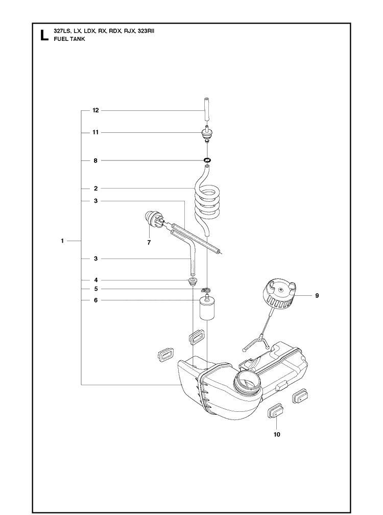 Fuel Tank Diagram and Parts List for 327LDX 20120100001-Current Husqvarna Edger