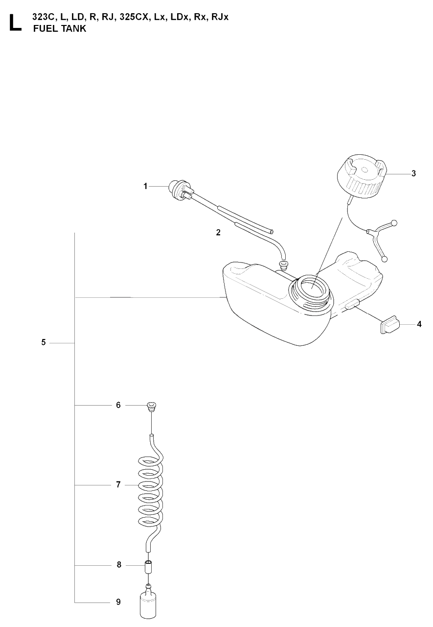 Fuel Tank Diagram and Parts List for 325CX 20080900001 & Above Husqvarna Trimmer
