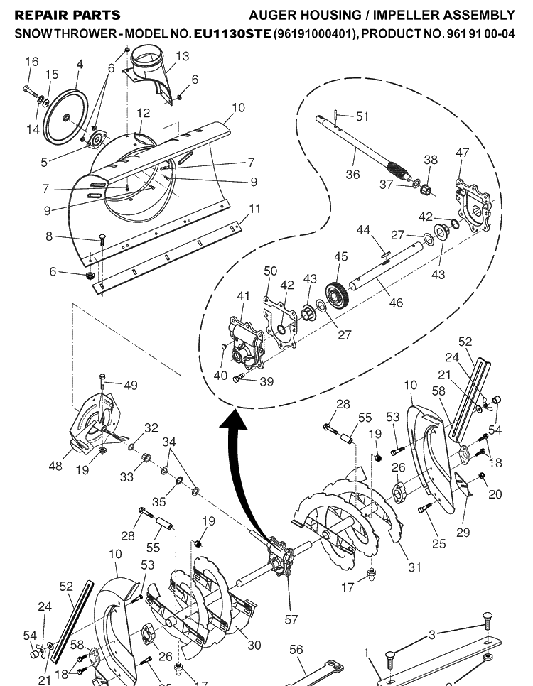 Auger Housing And Impeller Diagram and Parts List for 1130STE (96191000401)(2007-01) Husqvarna Snow Blower