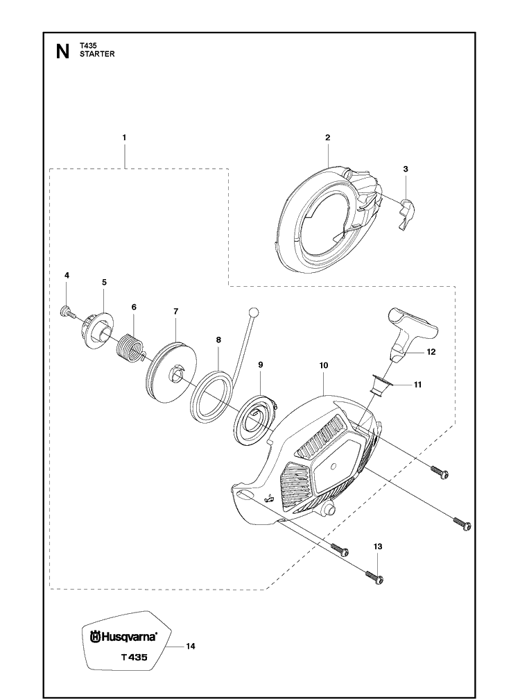Starter Diagram and Parts List for T435  Husqvarna Chainsaw