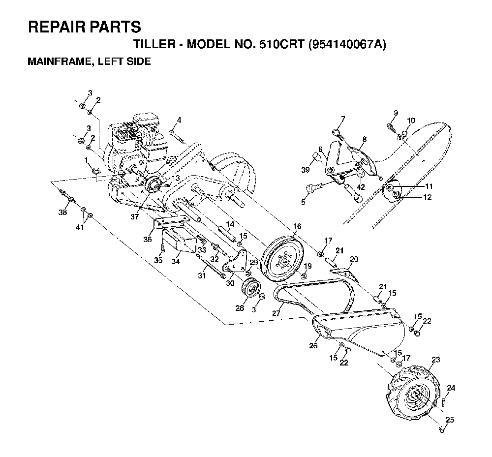Mainframe, Left Side Diagram and Parts List for 510CRT (954140067A)(1998-02) Husqvarna Tiller