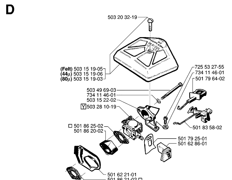 Carburetor And Air Filter Diagram and Parts List for 242 19981800001-20013500000 Husqvarna Chainsaw