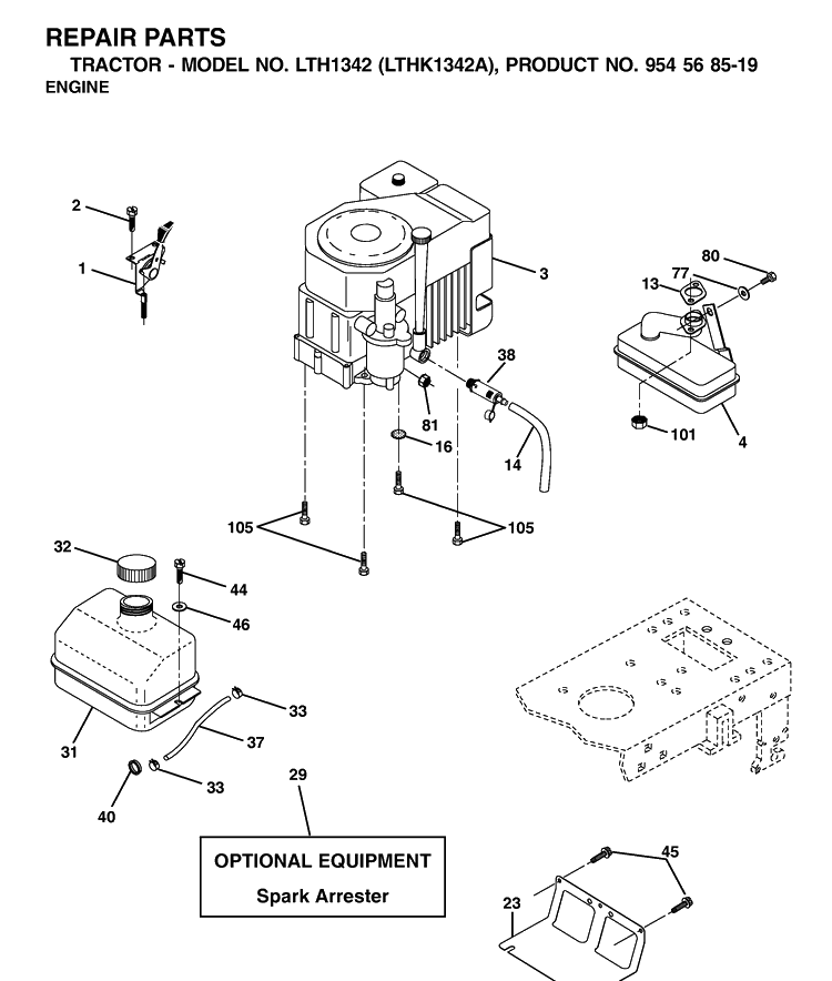 Engine Diagram and Parts List for LTH1342-LTHK1342A 2002-01 Husqvarna Lawn Tractor