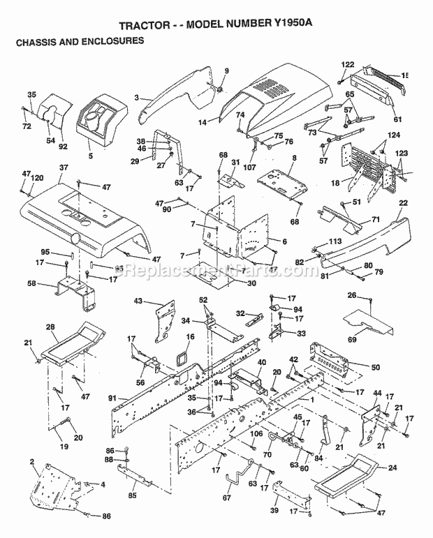 Chassis And Enclosures Diagram and Parts List for Y1950A 1995 Husqvarna Lawn Tractor