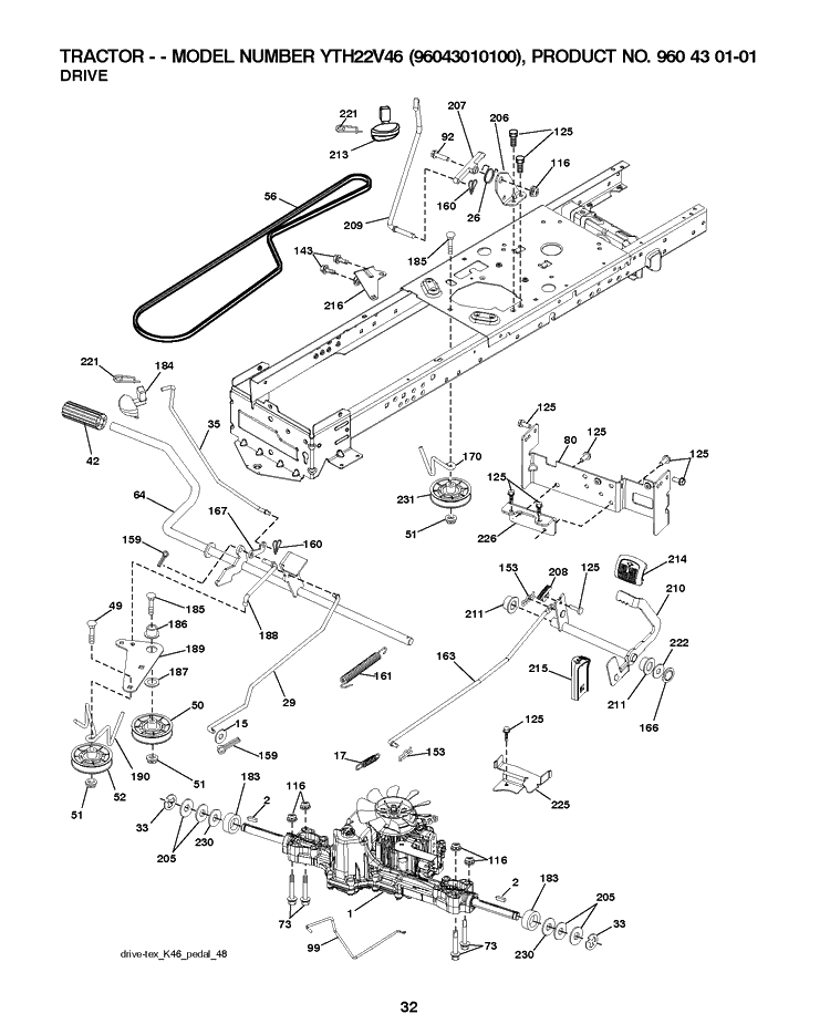 Drive Diagram and Parts List for YTH22V46 (96043010100)(2009-12) Husqvarna Lawn Tractor