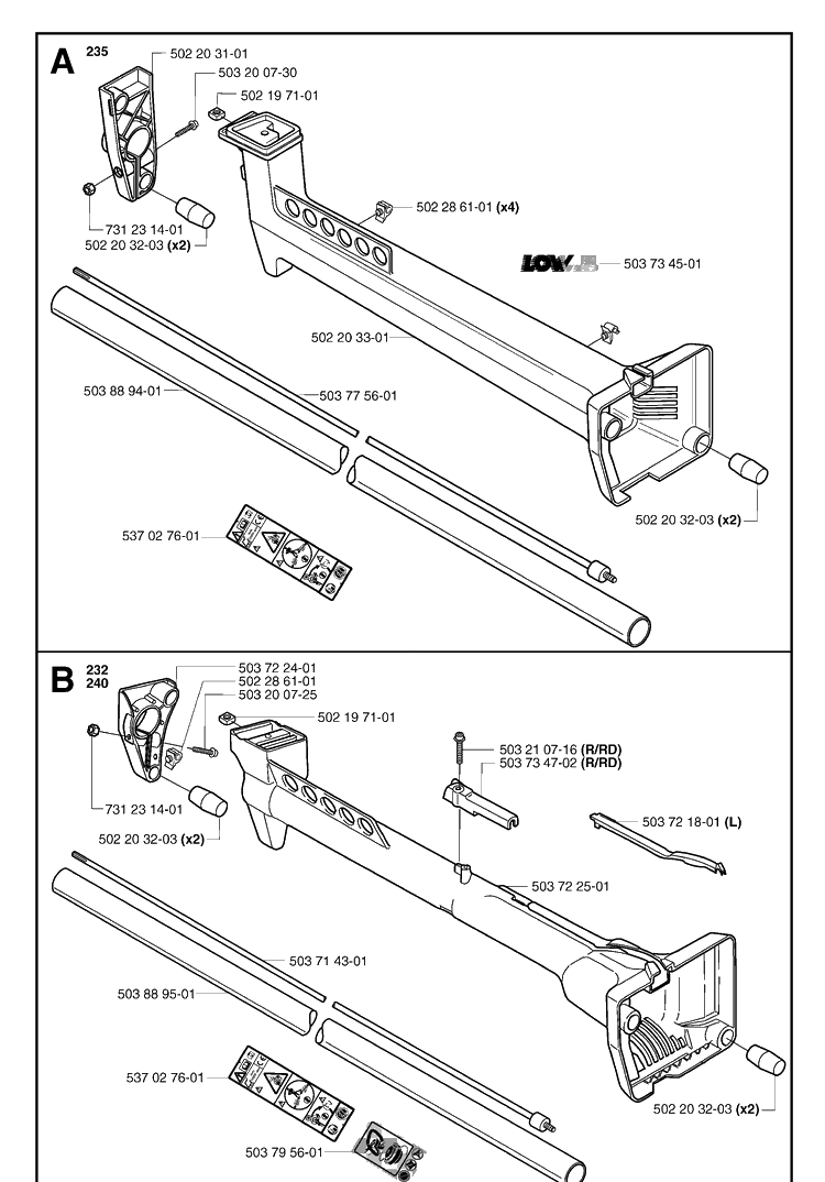 Shaft And Handle Diagram and Parts List for 235R 20023500001-20060100000 Husqvarna Brush Cutter