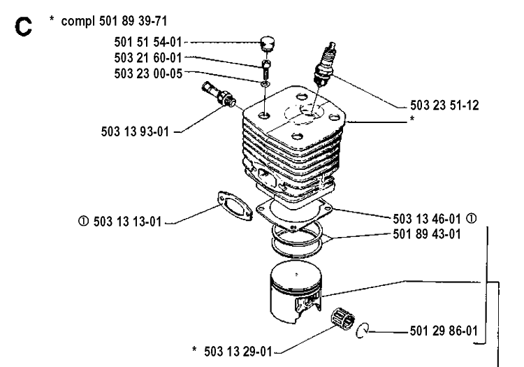 Cylinder Piston Diagram and Parts List for 3120 19900100001-19942300000 Husqvarna Chainsaw