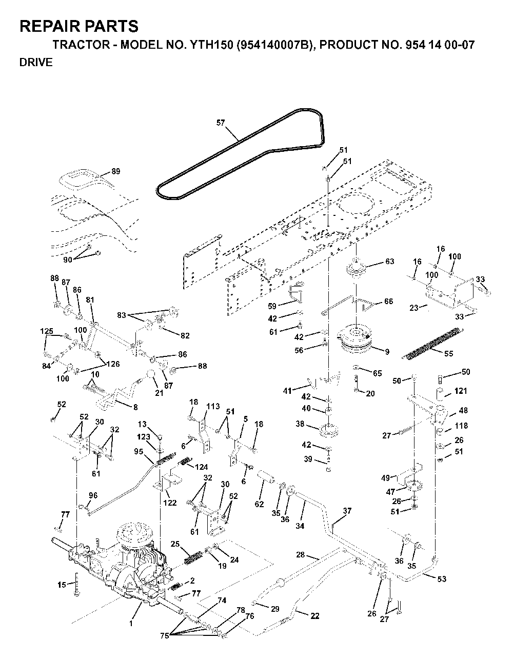 Drive Diagram and Parts List for YTH150 (954140007B, 954140007)(1997-01) Husqvarna Lawn Tractor