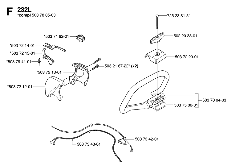 Handle And Controls 3 Diagram and Parts List for 232R 20061400001-20144900000 Husqvarna Brush Cutter