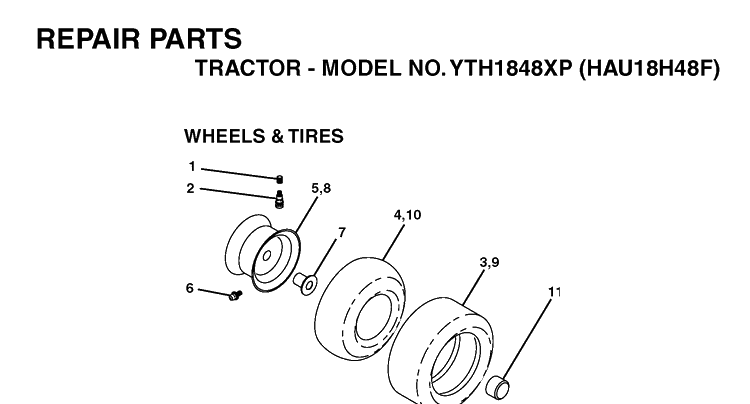 Wheels And Tires Diagram and Parts List for YTH1848XP (HAU18H48F)(2004-01) Husqvarna Lawn Tractor