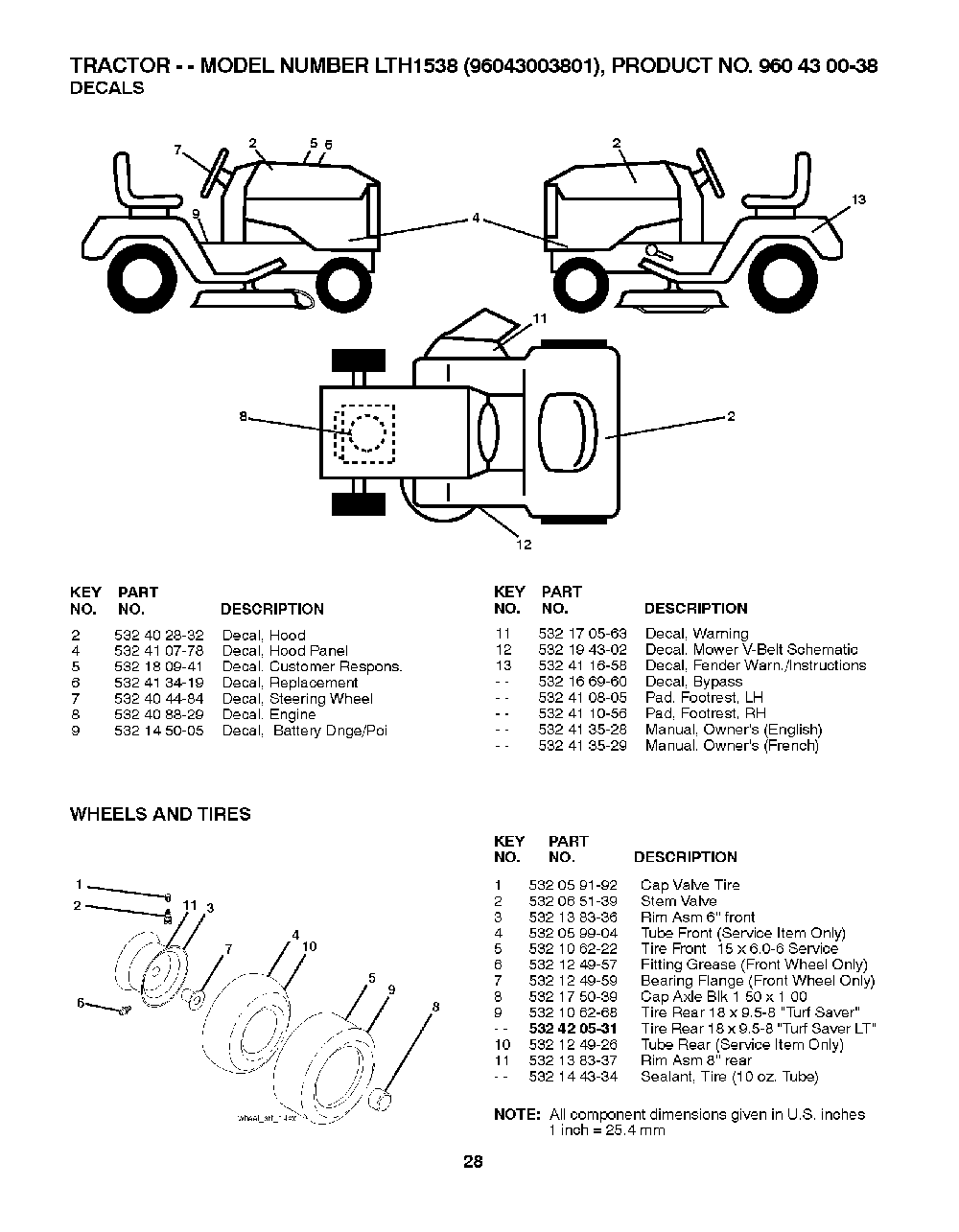 Wheels And Tires Diagram and Parts List for LTH153896043003801 2007-08 Husqvarna Lawn Tractor