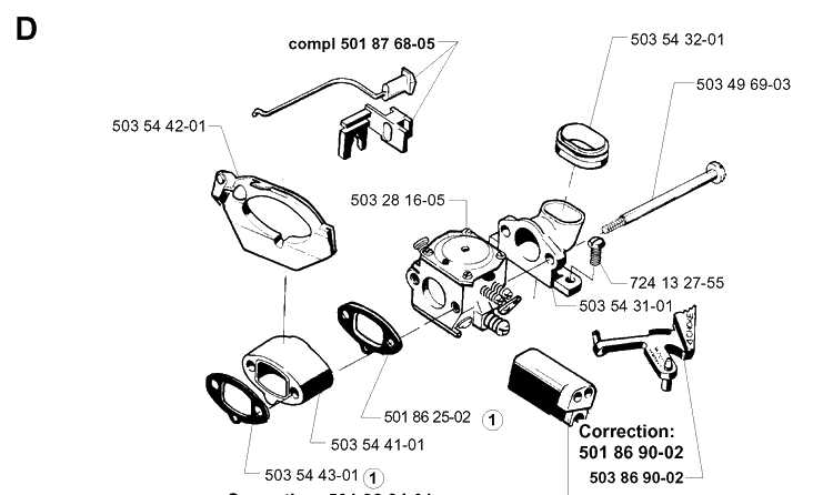 Carburetor Diagram and Parts List for 262XP 19981400001-19992300000 Husqvarna Chainsaw