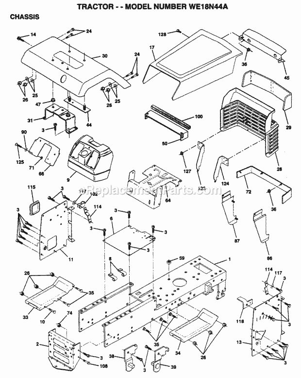 Chassis Diagram and Parts List for WE18N44A 1995 Husqvarna Lawn Tractor