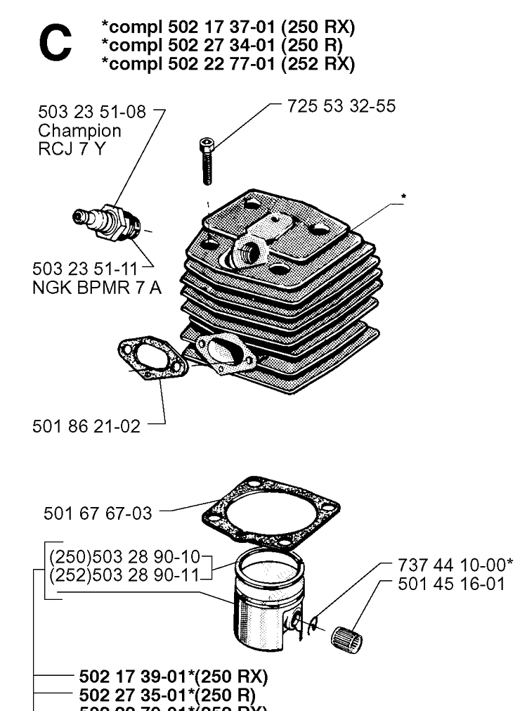 Cylinder Piston Diagram and Parts List for 250RX 19973100001-Current Husqvarna Brush Cutter