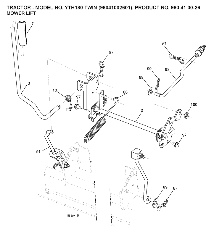 Mower Lift / Deck Lift Diagram and Parts List for YTH180 (96041002601)(2007-09) Husqvarna Lawn Tractor