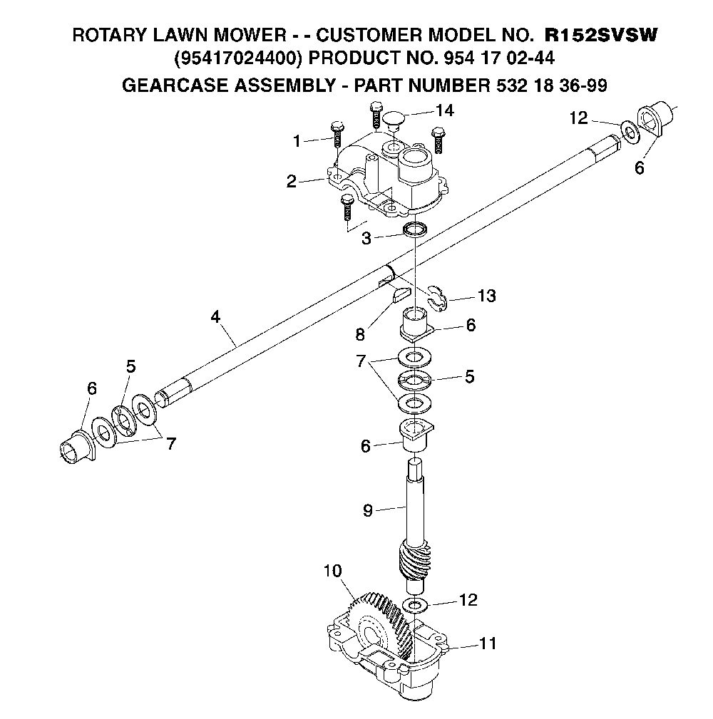 Gear Case Diagram and Parts List for R152SVSW (95417024400, 954170244)(2005-02) Husqvarna Lawn Mower