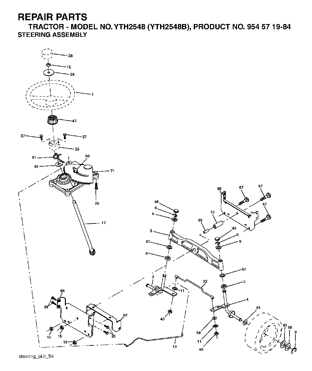 Steering Diagram and Parts List for YTH2548B (954571984)(2004-06) Husqvarna Lawn Tractor