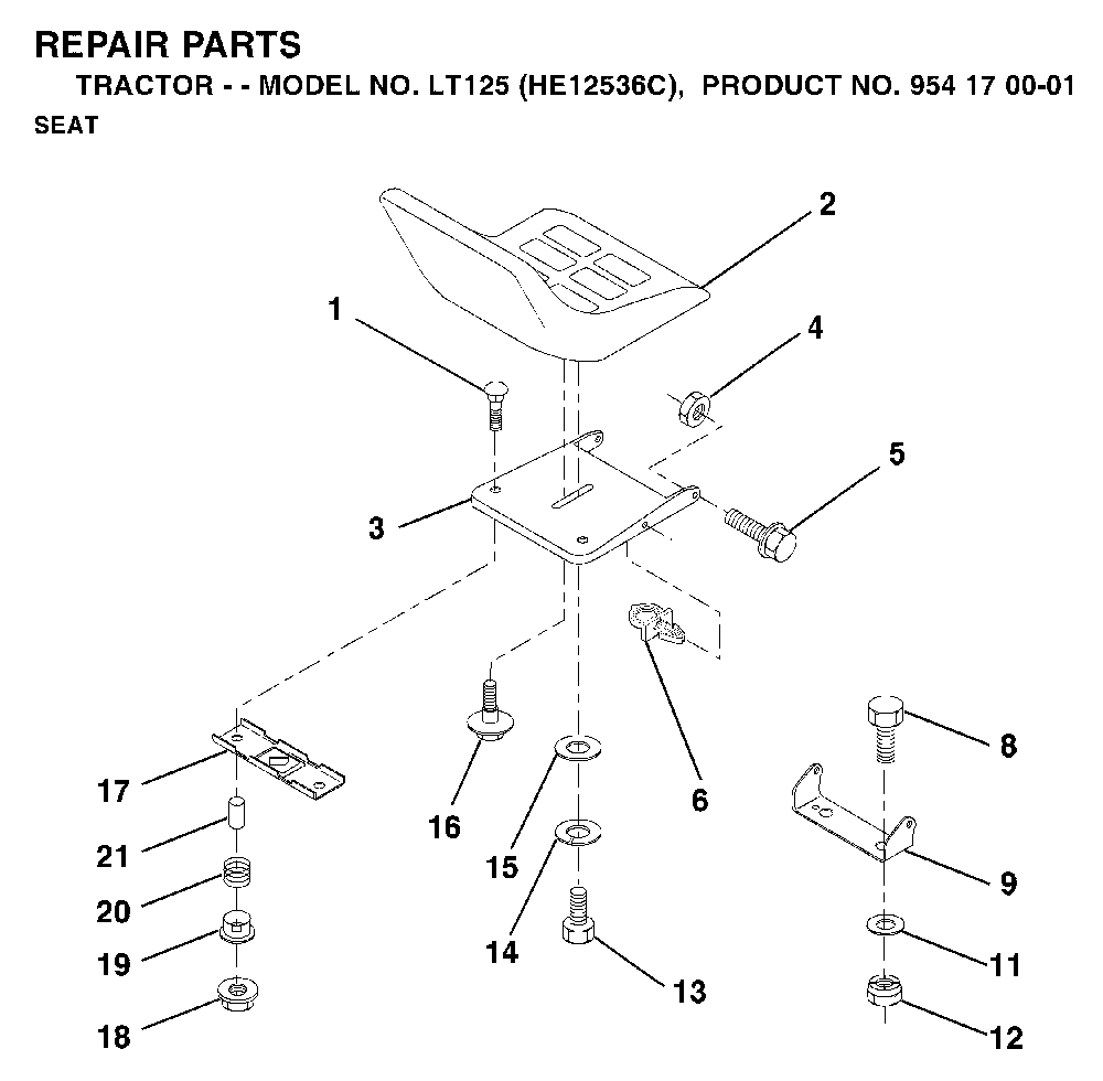 Seat Diagram and Parts List for LT125 (HE12536C, 954170001)(1996-01) Husqvarna Lawn Tractor