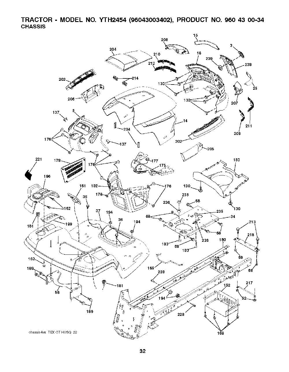 Chassis / Frame Diagram and Parts List for YTH245496043003402 2008-02 Husqvarna Lawn Tractor