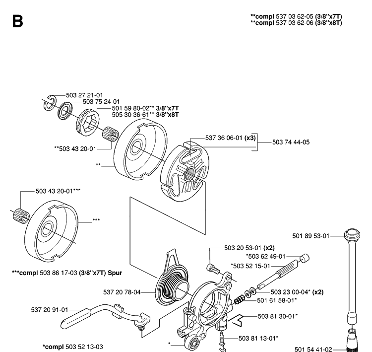 Clutch And Oil Pump Diagram and Parts List for 575XP 20070100001-Current Husqvarna Chainsaw