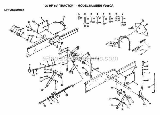 20hp 50" Tractor-Lift Diagram and Parts List for Y2050A 1992 Husqvarna Lawn Tractor