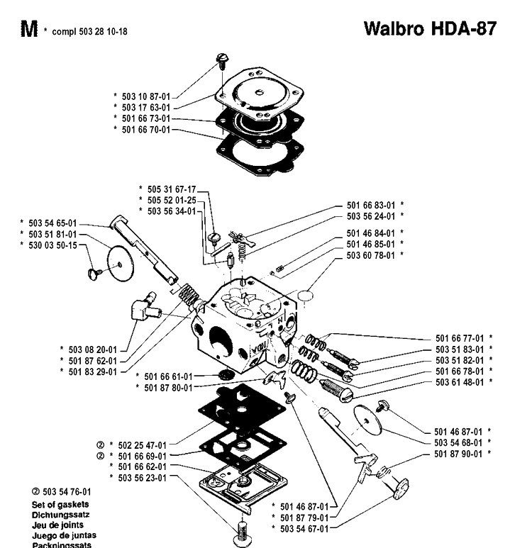 Carburetor Details Diagram and Parts List for 262XP 19910900001-19924400000 Husqvarna Chainsaw