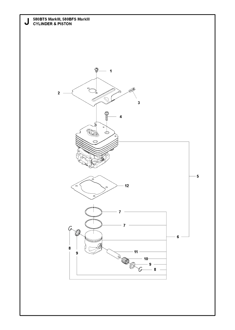 Cylinder Piston Diagram and Parts List for 580BFS-BTS Mark III Husqvarna Leaf Blower / Vacuum