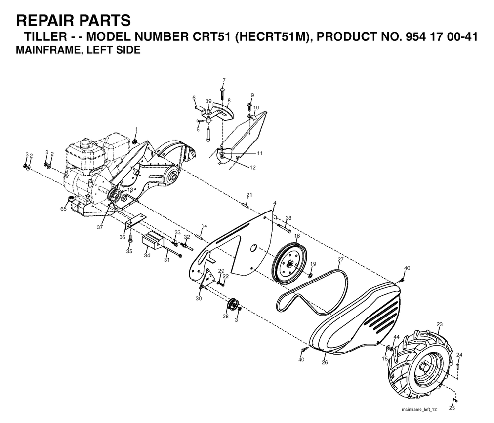 Mainframe, Left Side Diagram and Parts List for CRT51 (954170041-M)(2003-09) Husqvarna Tiller