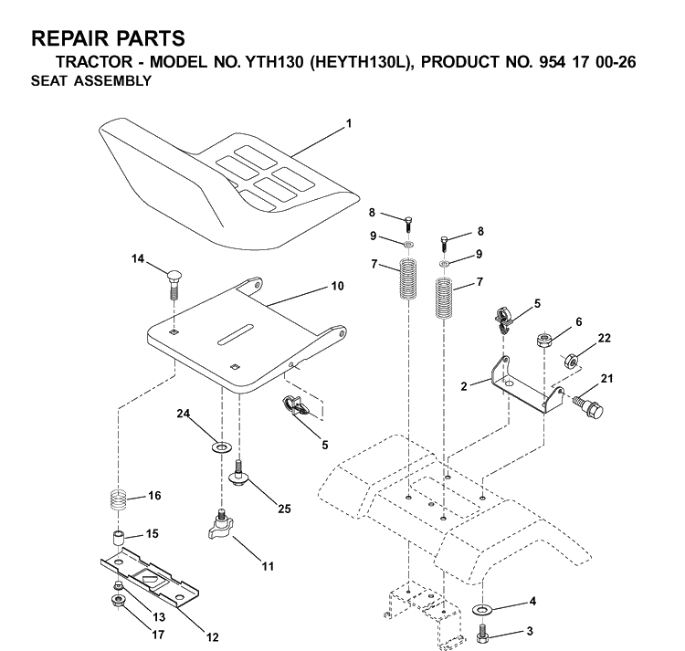 Seat Diagram and Parts List for YTH130 (HEYTH130L)(2001-09) Husqvarna Lawn Tractor