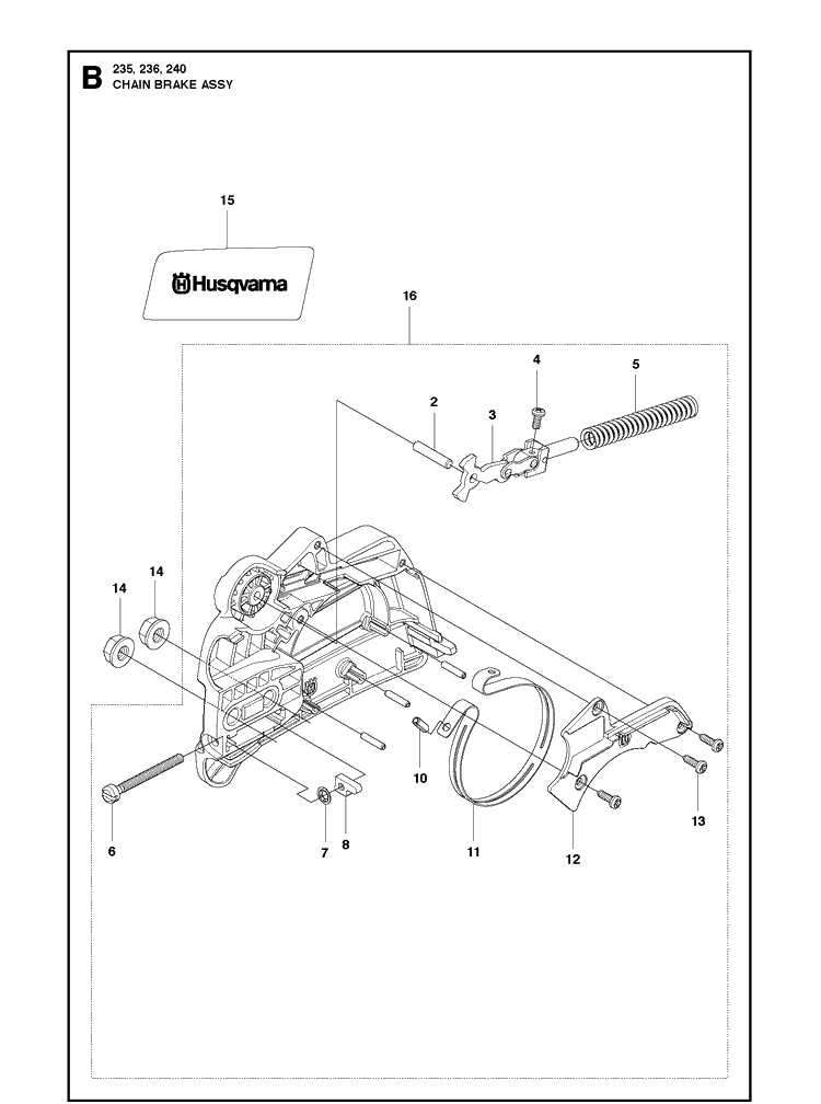 Chain Brake Diagram and Parts List for 240 20101400001-20144000000 Husqvarna Chainsaw