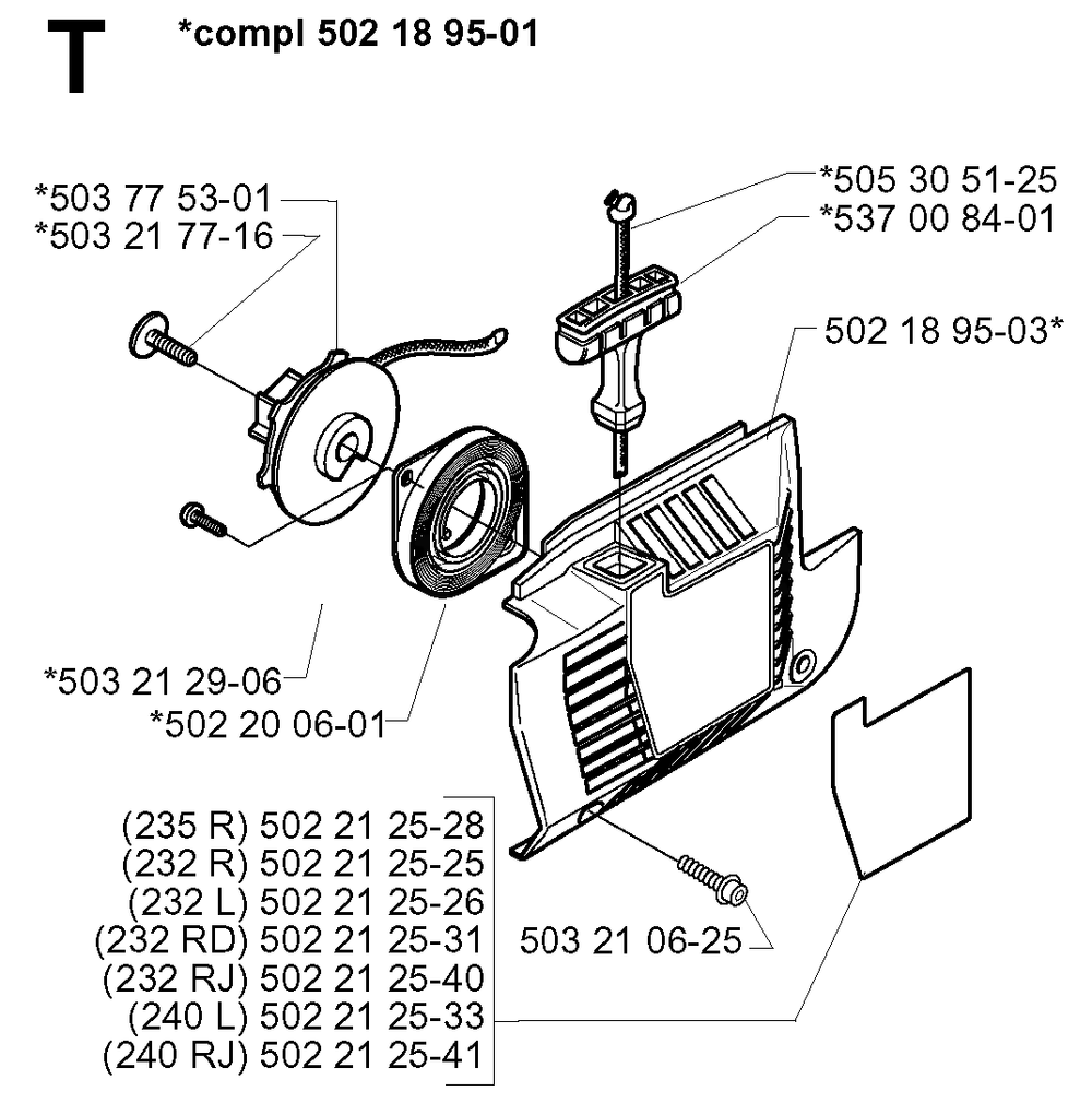 Starter Diagram and Parts List for 232RD 20001400001 & Above Husqvarna Trimmer