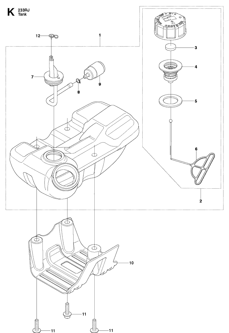 Fuel Tank Diagram and Parts List for 233RJ 20090100001-20112700000 Husqvarna Brush Cutter