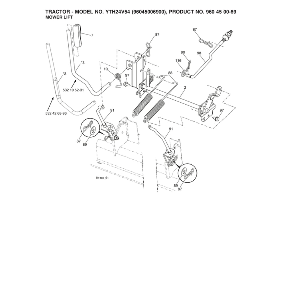 Mower Lift Diagram and Parts List for 96045006900  Husqvarna Lawn Tractor