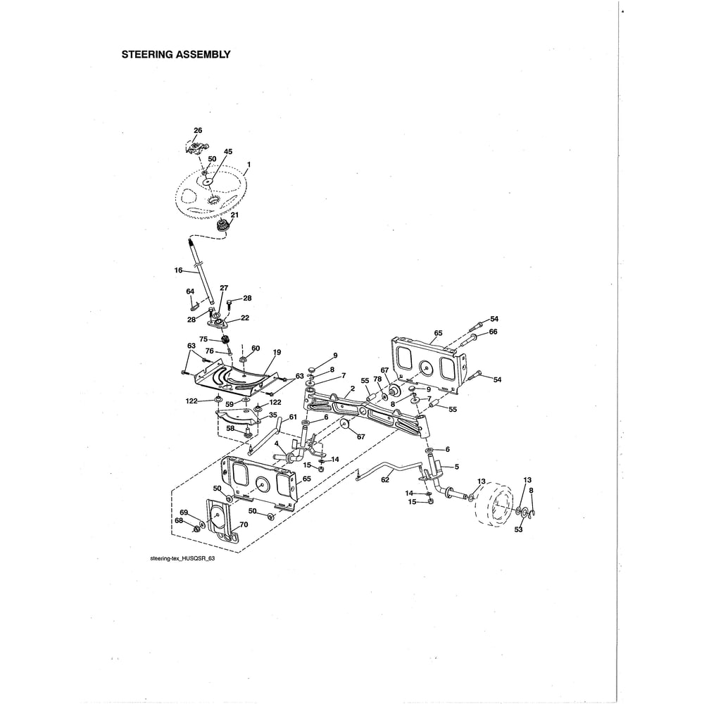 Steering Assembly Diagram and Parts List for 96043026100  Husqvarna Lawn Tractor