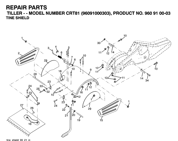 Tine Shield Diagram and Parts List for CRT81 (96091000303)(2007-02) Husqvarna Cultivator