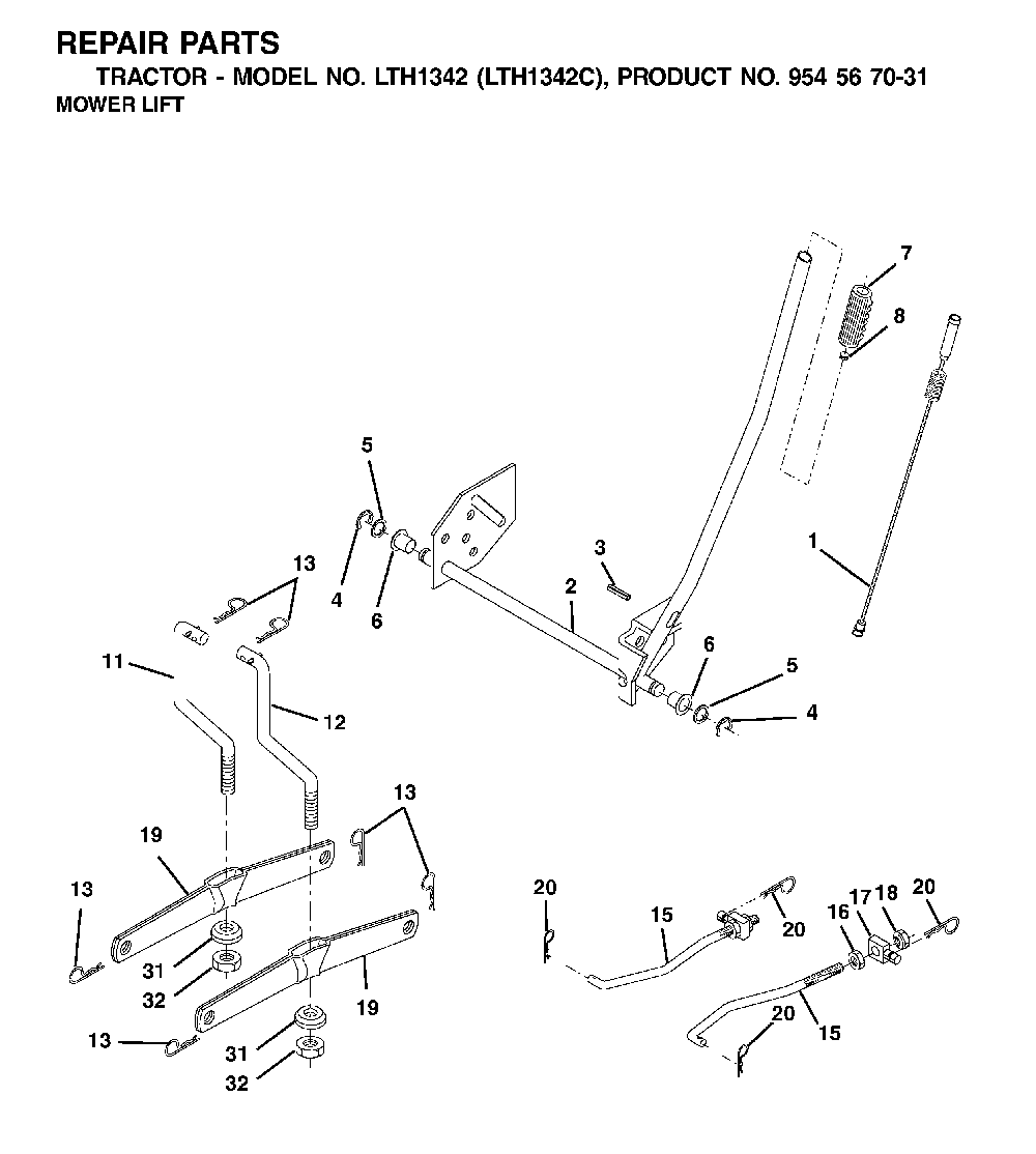 Mower Lift / Deck Lift Diagram and Parts List for LTH1342 (LTH1342C, 954567031)(2001-11) Husqvarna Lawn Tractor
