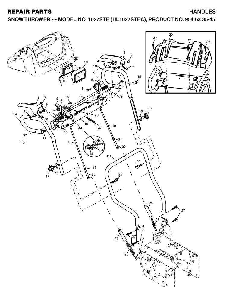 Handle And Controls Diagram and Parts List for 1027STE (10527STE)(2004-03) Husqvarna Snow Blower