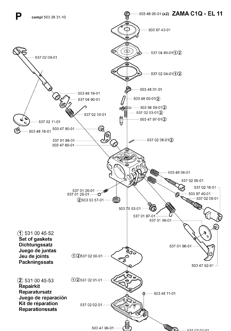 Carburetor Details Diagram and Parts List for 325P 20010500001-20010500001 Husqvarna Pole Saw