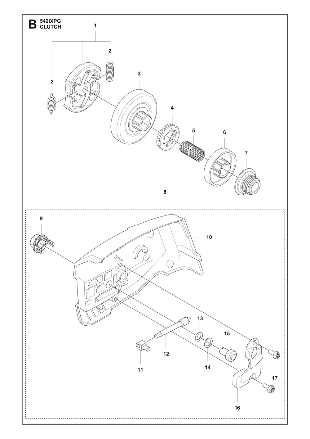 Clutch Diagram and Parts List for 542IXPG  Husqvarna Chainsaw